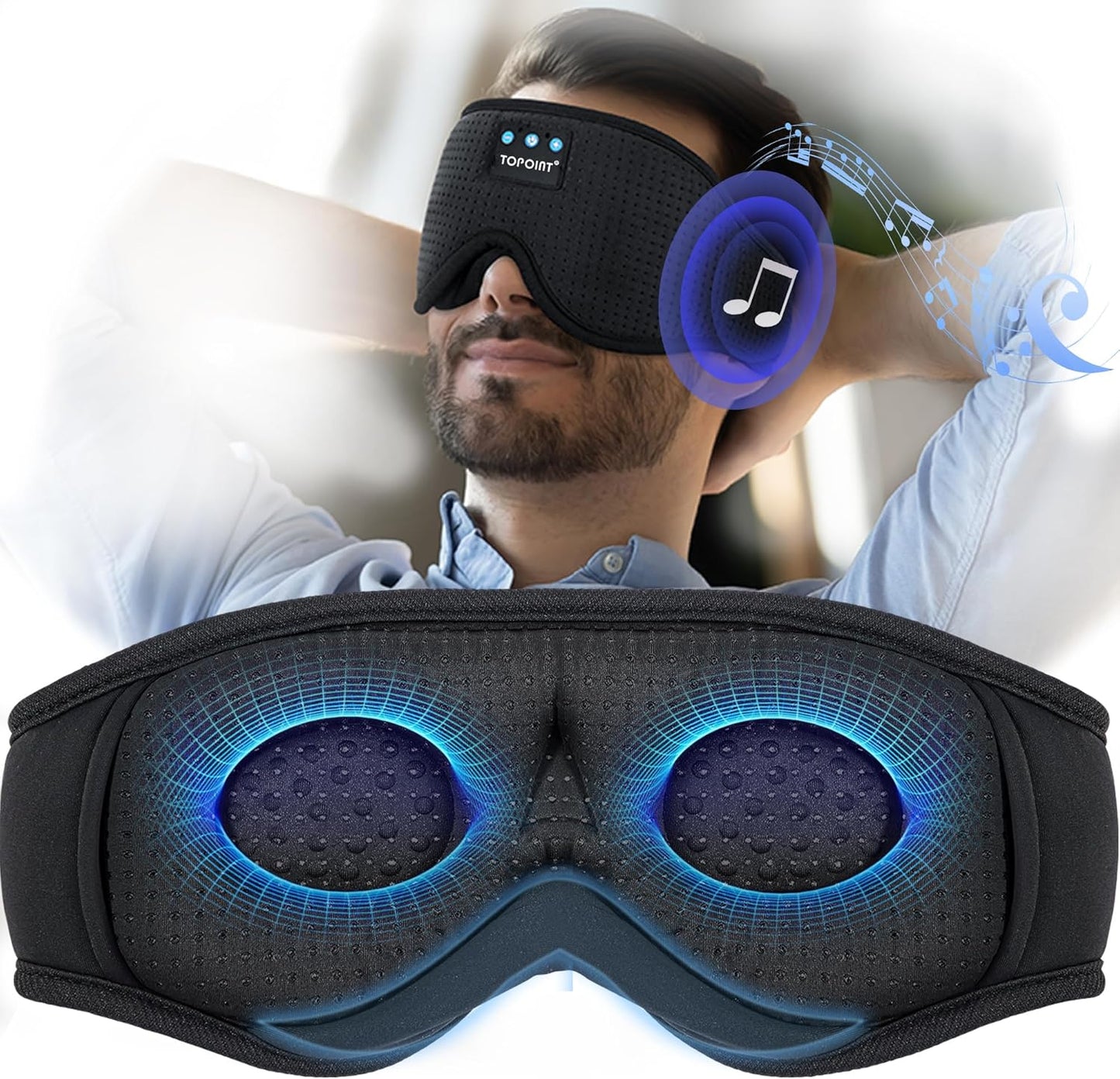 Sleep Mask with Bluetooth Headphones Wireless,  3D Eye Mask for Sleeping Headphones Women Men with Noise Canceling Earbuds, Thin Speaker, Blackout, 15 Hours for Travel, Meditation, CPAP Users