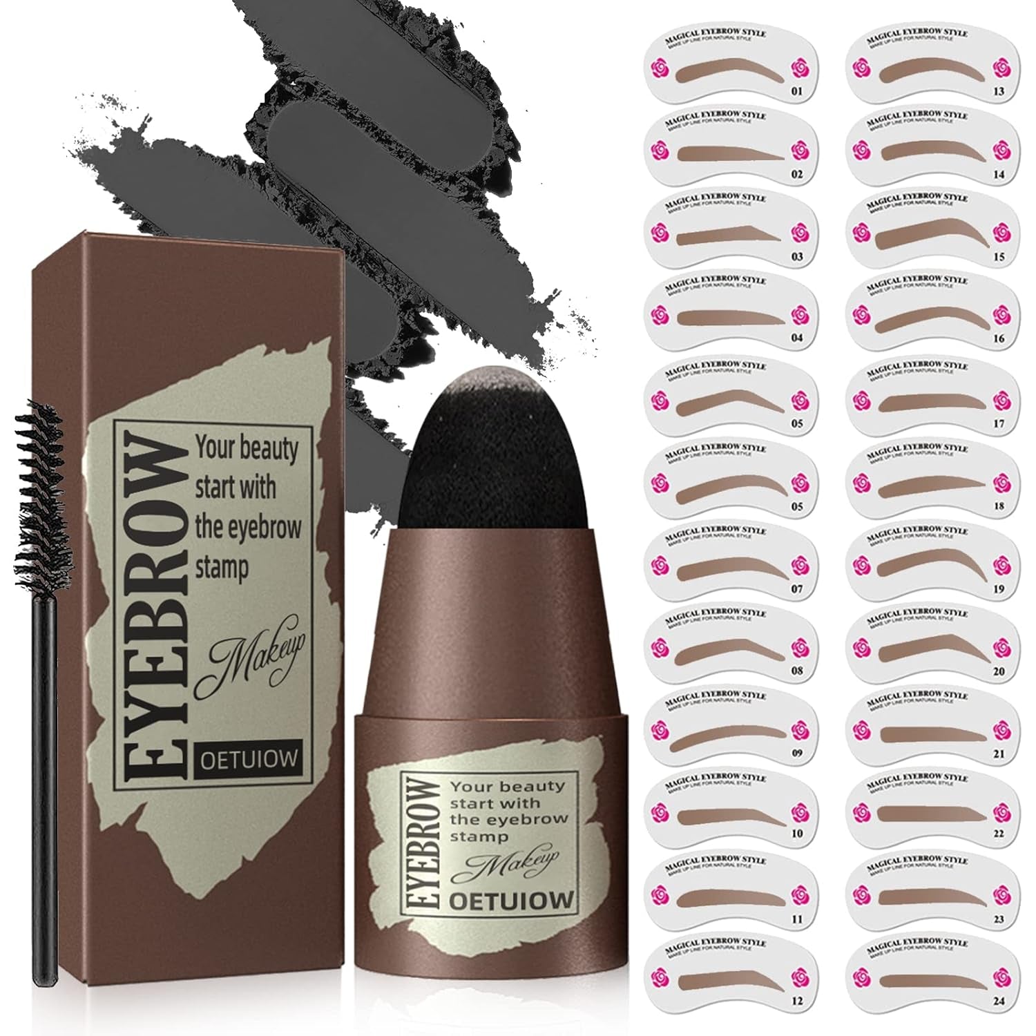 Eyebrow Stamp Stencil Kit - One-Step Eye Brow Stencil Kit with 24 Reusable Thin & Thick Eyebrow Stencils, Long-Lasting Waterproof & Smudge-Proof Brow Stamp Kit for Perfect Eye Makeup (Light Brown)