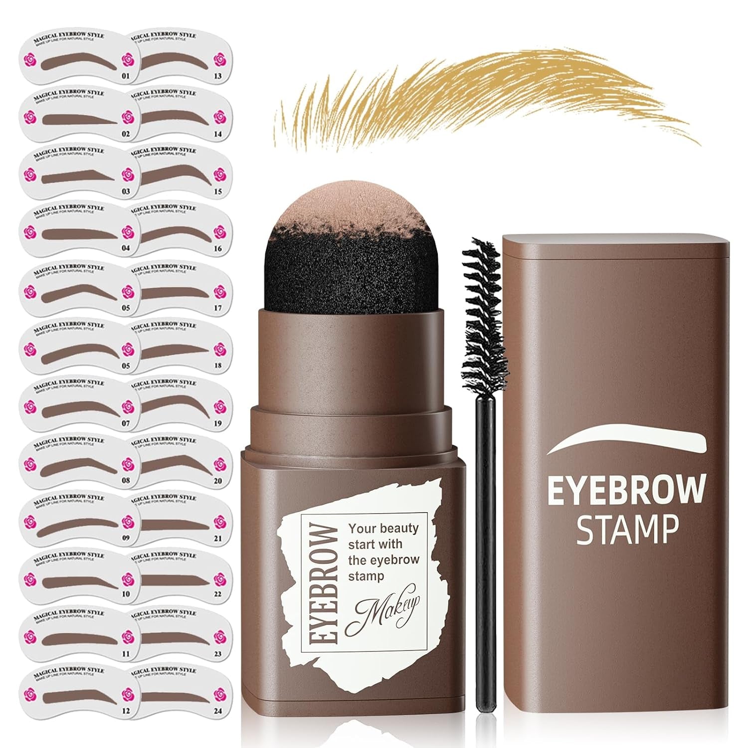 Eyebrow Stamp Stencil Kit - One-Step Eye Brow Stencil Kit with 24 Reusable Thin & Thick Eyebrow Stencils, Long-Lasting Waterproof & Smudge-Proof Brow Stamp Kit for Perfect Eye Makeup (Light Brown)