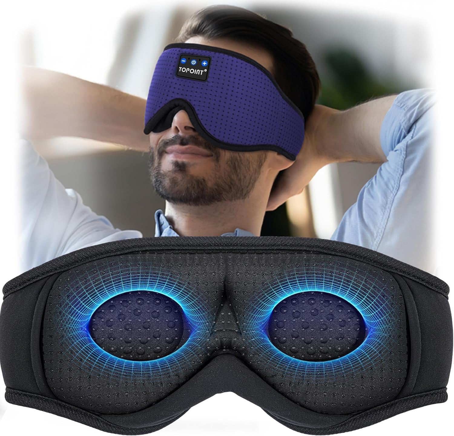 Sleep Mask with Bluetooth Headphones Wireless,  3D Eye Mask for Sleeping Headphones Women Men with Noise Canceling Earbuds, Thin Speaker, Blackout, 15 Hours for Travel, Meditation, CPAP Users