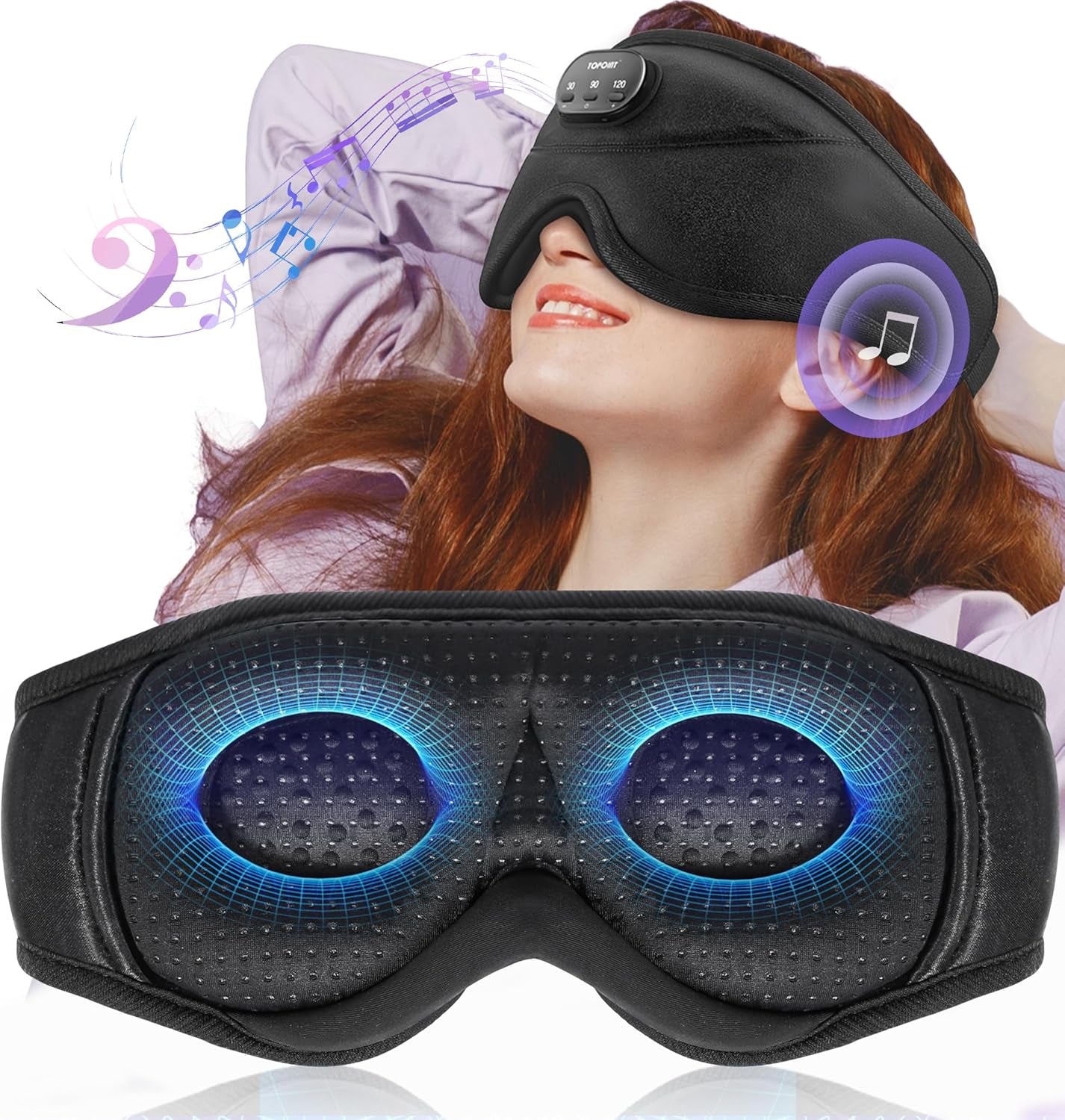 Sleep Mask with Bluetooth Headphones Wireless,  3D Eye Mask for Sleeping Headphones Women Men with Noise Canceling Earbuds, Thin Speaker, Blackout, 15 Hours for Travel, Meditation, CPAP Users