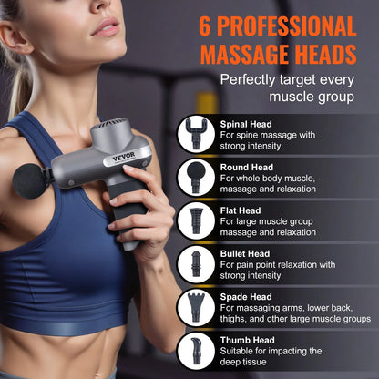 VEVOR Deep Tissue Massage Gun - Powerful Percussion Muscle Massager for Athletes with 5 Speed Levels, 6 Interchangeable Heads, and Long-Lasting Battery for Ultimate Pain Relief and Muscle Relaxation