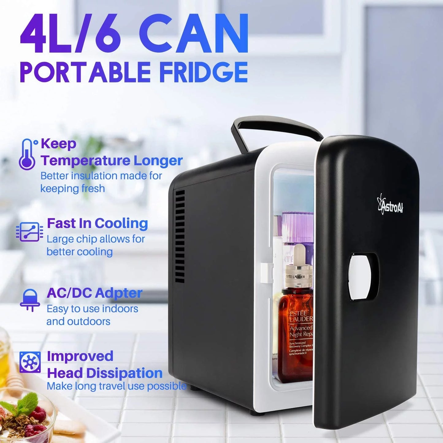 Mini Fridge, 4L 6 Can Portable Electric Cooler Personal Skincare Refrigerators, Black for Gift