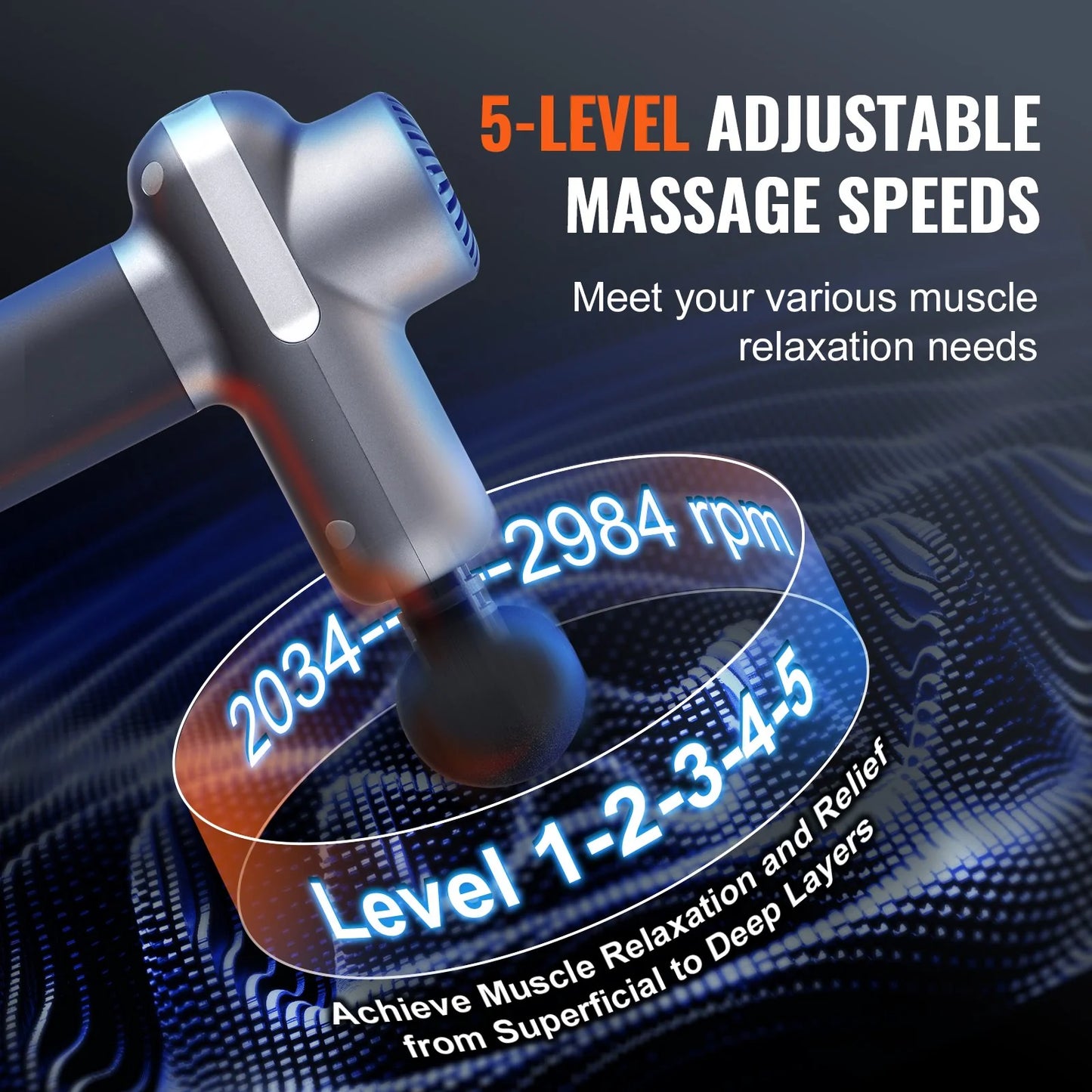 VEVOR Deep Tissue Massage Gun - Powerful Percussion Muscle Massager for Athletes with 5 Speed Levels, 6 Interchangeable Heads, and Long-Lasting Battery for Ultimate Pain Relief and Muscle Relaxation