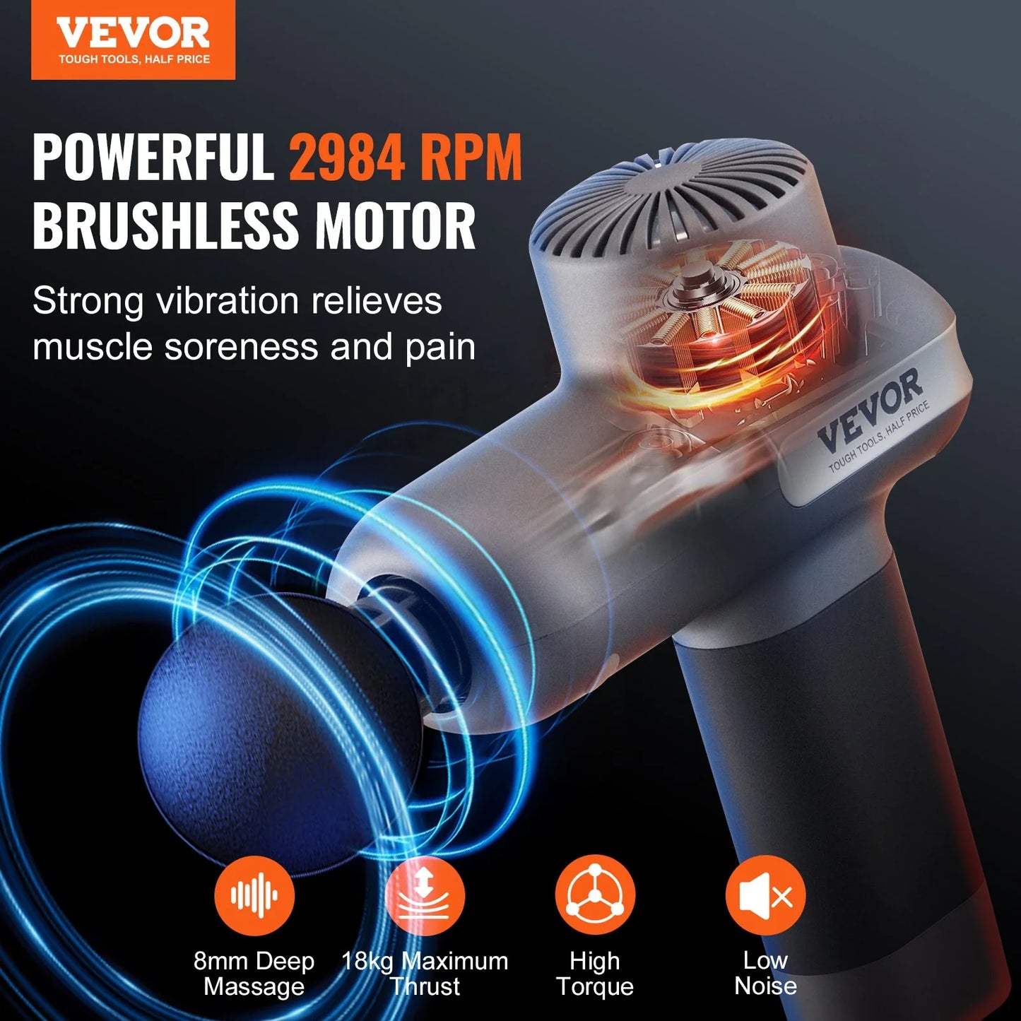 VEVOR Deep Tissue Massage Gun - Powerful Percussion Muscle Massager for Athletes with 5 Speed Levels, 6 Interchangeable Heads, and Long-Lasting Battery for Ultimate Pain Relief and Muscle Relaxation